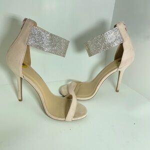 Elegant Beige High Heel Sandals with Rhinestone Strap